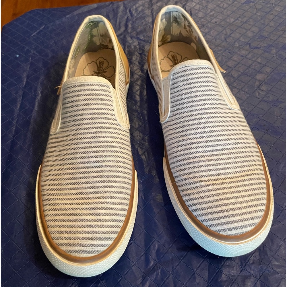 Tommy Bahama slip on canvas and leather loafers